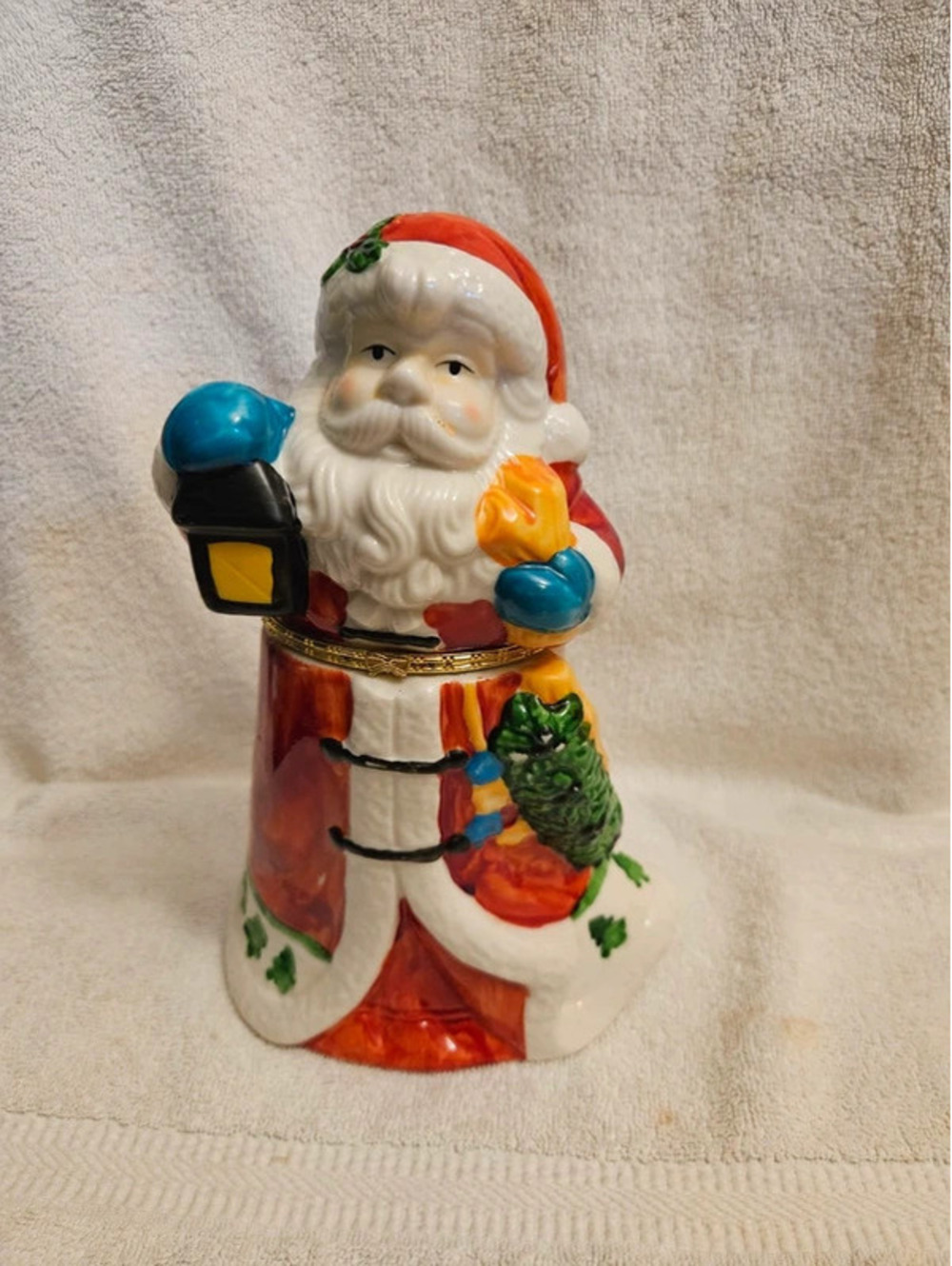Vintage Santa Claus Hinged Trinket Box 8" Ceramic Porcelain Christmas Decor
